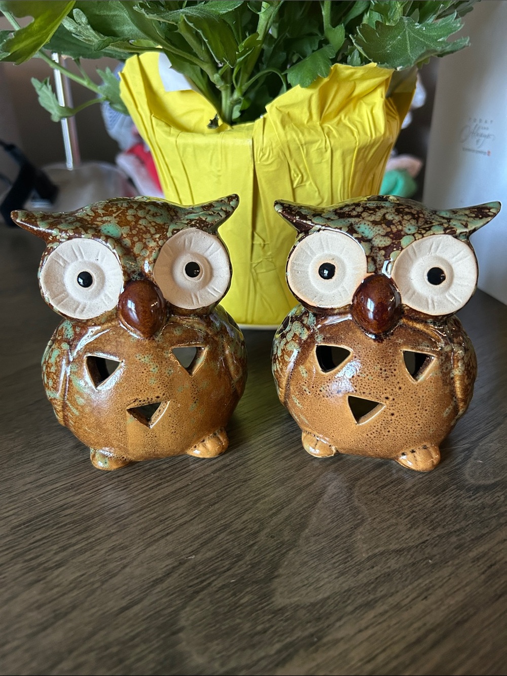 Vintage Ceramic Owl Figurine Pair in Brown and Green Glaze - Home Art Accent